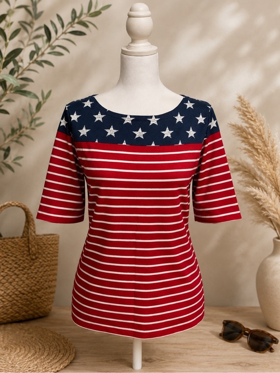 Karen Scott Tops - Karen Scott Red, White & Navy Star Stripe Short cuffed Sleeve Boat Neck